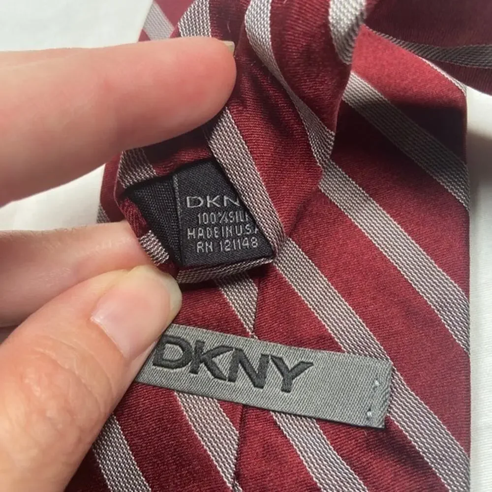 DKNY Striped Necktie Burgundy Red Gray Silk Business Career